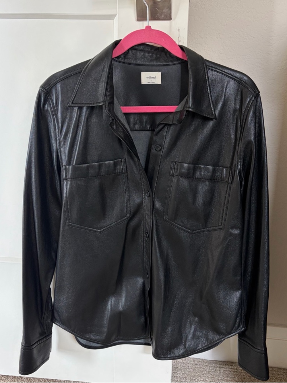 Wilfred Black Faux Leather Button-Up Shirt Jacket